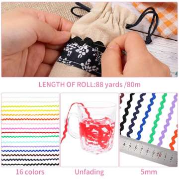 Chuangdi 88 Yards Rickrack Trim Ribbon for Sewing Zigzag Colorful Wave Bending Fringe Ribbon Sewing ...