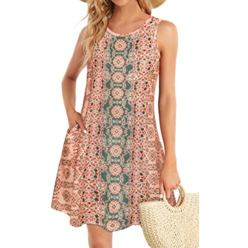 Sundress for Women Floral Bohemian Dress Sleeveless Loose Aline Beach Cover Up (Pink Boho Flower, L)