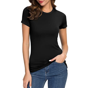 Women's Crewneck Slim Fitted Short Sleeve T-Shirt Stretchy Bodycon Basic Tee Tops (S, Black)