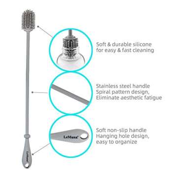 LeMuna Silicone Bottle Brush, Water Bottle Cleaner Brush Set with Straw Brush for Narrow Neck Containers, Hydro Flask, Sports Bottle, Glassware