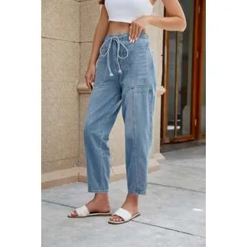 Women Loose Cropped Jeans Baggy Mid Rise Jeans Vintage Barrel Jeans Boyfriend Denim Pants Y2k Clothes Light Blue