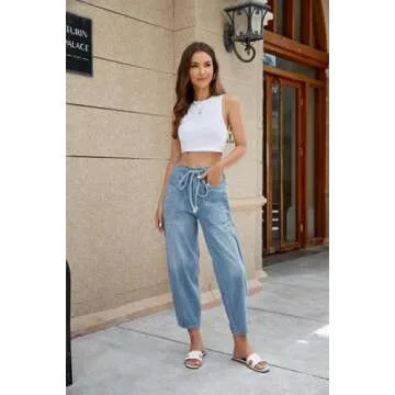 Women Loose Cropped Jeans Baggy Mid Rise Jeans Vintage Barrel Jeans Boyfriend Denim Pants Y2k Clothes Light Blue