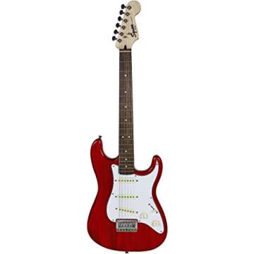 Fender Squier 24-Inch Short Scale Strat Pack - Transparent Red Bundle with Frontman 10G Amplifier, Tuner, Instrument Cable, Strap, Picks, Online Lessons, and Austin Bazaar Instructional DVD