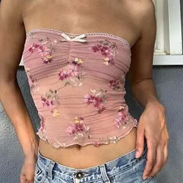 Women Lace Trim Strapless Tube Top Y2k Off Shoulder Backless Bandeau Top Knitted Aesthetic Crop Tank Top(Floral Lace Pink,Small)