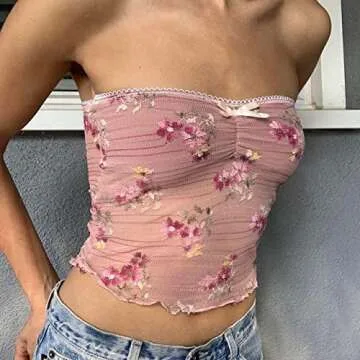 Women Lace Trim Strapless Tube Top Y2k Off Shoulder Backless Bandeau Top Knitted Aesthetic Crop Tank Top(Floral Lace Pink,Small)