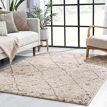 ruglots Modern Geometric Lattice Shag 5x7 (5' x 7'2'') Area Rug Mazie Moroccan Trellis Beige Cream Plush Easy Care Thick Soft Plush Living Room, Vanilla