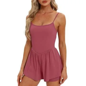 Womens Rompers Workout Sleeveless Shorts Jumpsuits Overalls with Pockets Summer Outfits Clothes 6110 Merlot M