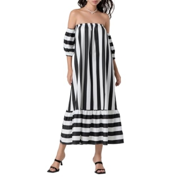 Women Off The Shoulder Striped Long Dress Puff Short Sleeve Strapless Tube Top Casual Flowy Beach Su...