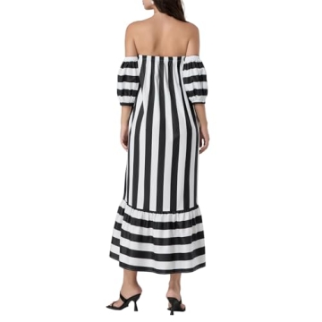 Women Off The Shoulder Striped Long Dress Puff Short Sleeve Strapless Tube Top Casual Flowy Beach Sundress (Black, M)