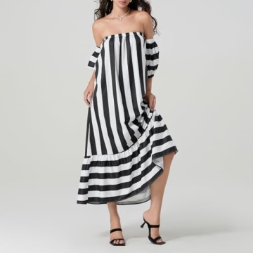 Women Off The Shoulder Striped Long Dress Puff Short Sleeve Strapless Tube Top Casual Flowy Beach Sundress (Black, M)