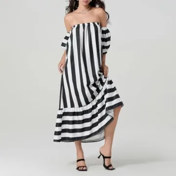 Women Off The Shoulder Striped Long Dress Puff Short Sleeve Strapless Tube Top Casual Flowy Beach Sundress (Black, M)