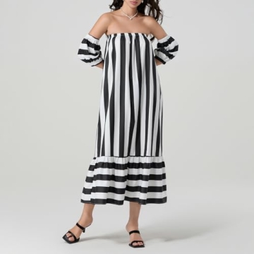 Women Off The Shoulder Striped Long Dress Puff Short Sleeve Strapless Tube Top Casual Flowy Beach Sundress (Black, M)