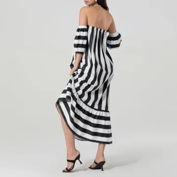 Women Off The Shoulder Striped Long Dress Puff Short Sleeve Strapless Tube Top Casual Flowy Beach Sundress (Black, M)