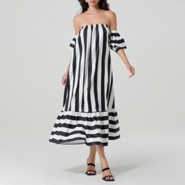 Women Off The Shoulder Striped Long Dress Puff Short Sleeve Strapless Tube Top Casual Flowy Beach Sundress (Black, M)