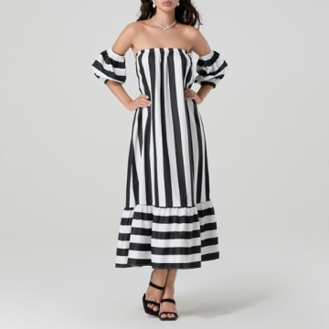 Women Off The Shoulder Striped Long Dress Puff Short Sleeve Strapless Tube Top Casual Flowy Beach Sundress (Black, M)