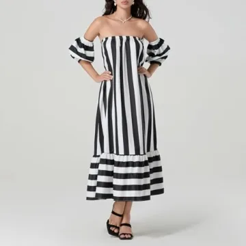 Women Off The Shoulder Striped Long Dress Puff Short Sleeve Strapless Tube Top Casual Flowy Beach Sundress (Black, M)