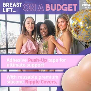 PERKY GIRLS TAPE Instant Breast Lift - Adhesive Pushup Tape | A Cup to DD and Plus Size | with Reusable Premium Silicone Nipple Covers (Nude Single Pack)