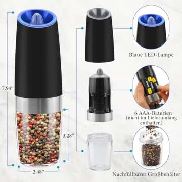 Gravity Electric Salt and Pepper Grinder Set, Battery Powered LED Light One Hand Automatic Operation...