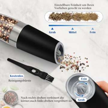 Gravity Electric Salt and Pepper Grinder Set, Battery Powered LED Light One Hand Automatic Operation, Adjustable Coarseness Mill Grinders Shakers Black (A.Black 2p)