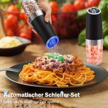 Gravity Electric Salt and Pepper Grinder Set, Battery Powered LED Light One Hand Automatic Operation, Adjustable Coarseness Mill Grinders Shakers Black (A.Black 2p)