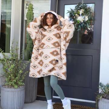 Catalonia Southwestern Aztec Oversized Wearable Blanket Hoodie Sweatshirt, Comfortable Sherpa Loungi...