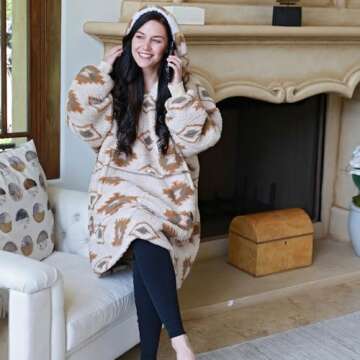 Catalonia Southwestern Aztec Oversized Wearable Blanket Hoodie Sweatshirt, Comfortable Sherpa Lounging Pullover for Adults, Gift for Her