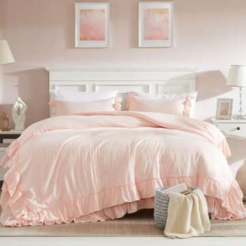 Cupocupa Blush Pink Comforter Set Queen, 3Pcs Comforters Queen Size Ruffle Farmhouse Bedding Sets Qu...