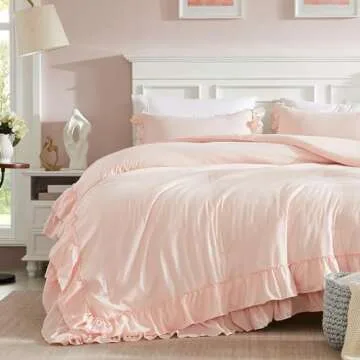 Cupocupa Blush Pink Comforter Set Queen, 3Pcs Comforters Queen Size Ruffle Farmhouse Bedding Sets Queen with Comforter, Lightweight Soft Shabby Chic Bedding Comforter Set Fluffy for All Season