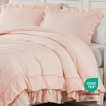 Cupocupa Blush Pink Comforter Set Queen, 3Pcs Comforters Queen Size Ruffle Farmhouse Bedding Sets Queen with Comforter, Lightweight Soft Shabby Chic Bedding Comforter Set Fluffy for All Season