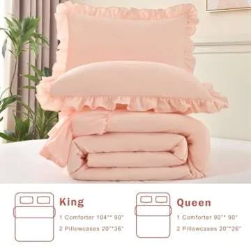 Cupocupa Blush Pink Comforter Set Queen, 3Pcs Comforters Queen Size Ruffle Farmhouse Bedding Sets Queen with Comforter, Lightweight Soft Shabby Chic Bedding Comforter Set Fluffy for All Season