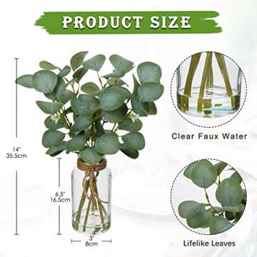 Briful Artificial Eucalyptus Stems in Glass Vase with Faux Water, 14" Fake Plant Eucalyptus Leaves for Home Bathroom Office Farmhouse Wedding Centerpiece Décor