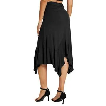 Urban CoCo Women's Flowy Stretchy Skirt Handkerchief Hemline Midi Skirt (Black, M)