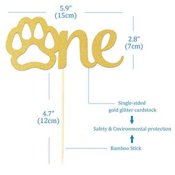 Gold Paw One Cake Topper - Golden Glitter Cardstock 1st Birthday Cake Smash Party Decoration Supplie...