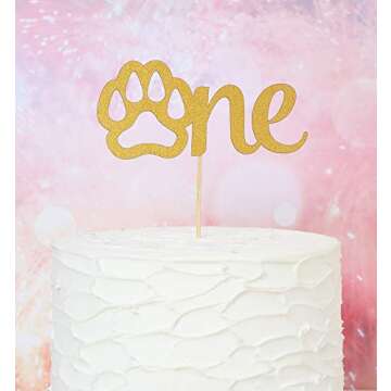 Gold Paw One Cake Topper - Golden Glitter Cardstock 1st Birthday Cake Smash Party Decoration Supplies for Baby, Single Sided Dog Paw First Birthday Cake Sign Topper Photo Booth Props (dog one)