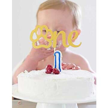 Gold Paw One Cake Topper - Golden Glitter Cardstock 1st Birthday Cake Smash Party Decoration Supplies for Baby, Single Sided Dog Paw First Birthday Cake Sign Topper Photo Booth Props (dog one)