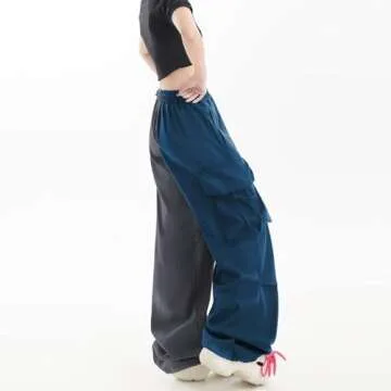 Women Cargo Pants Color Block Y2K Streetwear Baggy Drawstring Elastic Patchwor Parachute Pants Grey