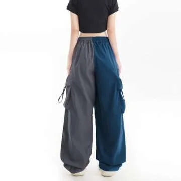 Women Cargo Pants Color Block Y2K Streetwear Baggy Drawstring Elastic Patchwor Parachute Pants Grey