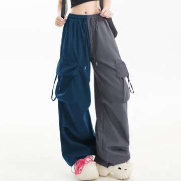 Women Cargo Pants Color Block Y2K Streetwear Baggy Drawstring Elastic Patchwor Parachute Pants Grey