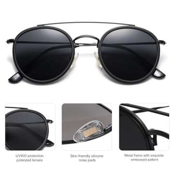 SOJOS Retro Vintage Round Polarized Sunglasses for Women Men Small Double Bridge Circle Sunnies SJ1104, Dark Black/Grey
