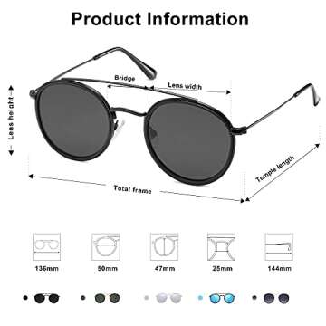 SOJOS Retro Vintage Round Polarized Sunglasses for Women Men Small Double Bridge Circle Sunnies SJ1104, Dark Black/Grey