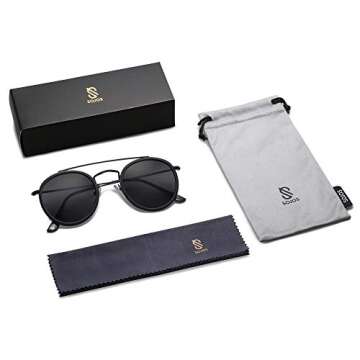 SOJOS Retro Vintage Round Polarized Sunglasses for Women Men Small Double Bridge Circle Sunnies SJ1104, Dark Black/Grey