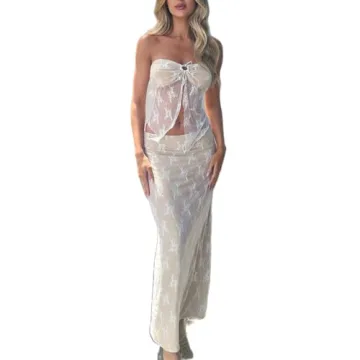Zempertoopa Women Sexy Y2K Maxi Skirt Set Strapless Bodycon Lace Tube Top See Through 2 Piece Outfit...