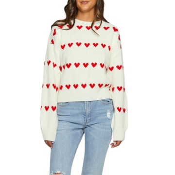 Women Valentine Heart Sweater Y2k Long Sleeve Crewneck Pullover Tops Cute Valentine’s Day Knitwear...