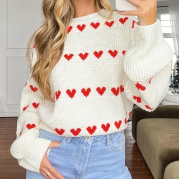 Women Valentine Heart Sweater Y2k Long Sleeve Crewneck Pullover Tops Cute Valentine’s Day Knitwear (White, S)