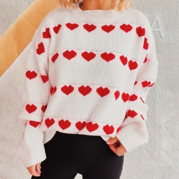 Women Valentine Heart Sweater Y2k Long Sleeve Crewneck Pullover Tops Cute Valentine’s Day Knitwear (White, S)