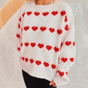 Women Valentine Heart Sweater Y2k Long Sleeve Crewneck Pullover Tops Cute Valentine’s Day Knitwear (White, S)