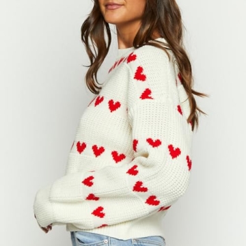 Women Valentine Heart Sweater Y2k Long Sleeve Crewneck Pullover Tops Cute Valentine’s Day Knitwear (White, S)