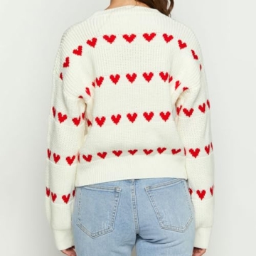 Women Valentine Heart Sweater Y2k Long Sleeve Crewneck Pullover Tops Cute Valentine’s Day Knitwear (White, S)