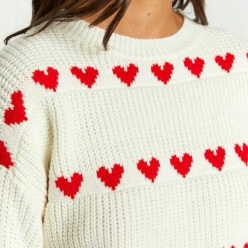Women Valentine Heart Sweater Y2k Long Sleeve Crewneck Pullover Tops Cute Valentine’s Day Knitwear (White, S)