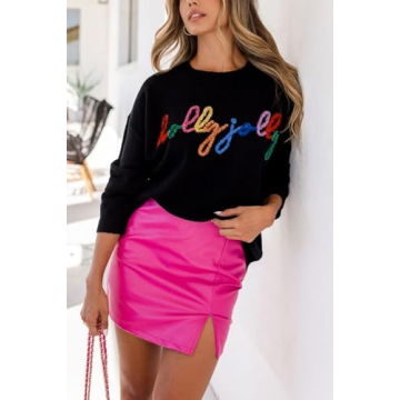 LEMAFER Women's 2024 Christmas Holly Jolly Sweater Round Neck Sequin Tinsel Slogan Sweatshirts Long Sleeve Holiday Pullover Tops Black